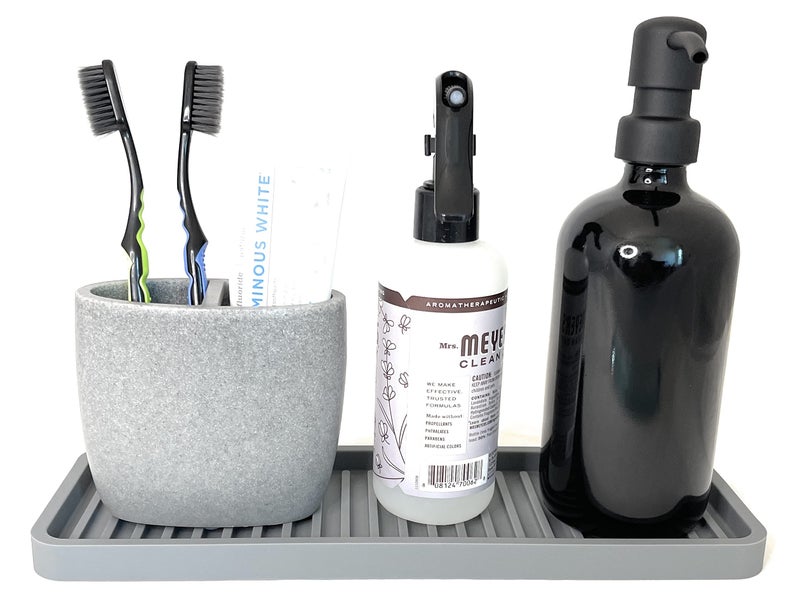 Happitasa Silicone Kitchen Sink Organizer Tray, Sponge Holder and Countertop Protector | Bathroom and Kitchen Soap Dish and Dispenser Tray (Light Grey, 12"x4") - Image 5